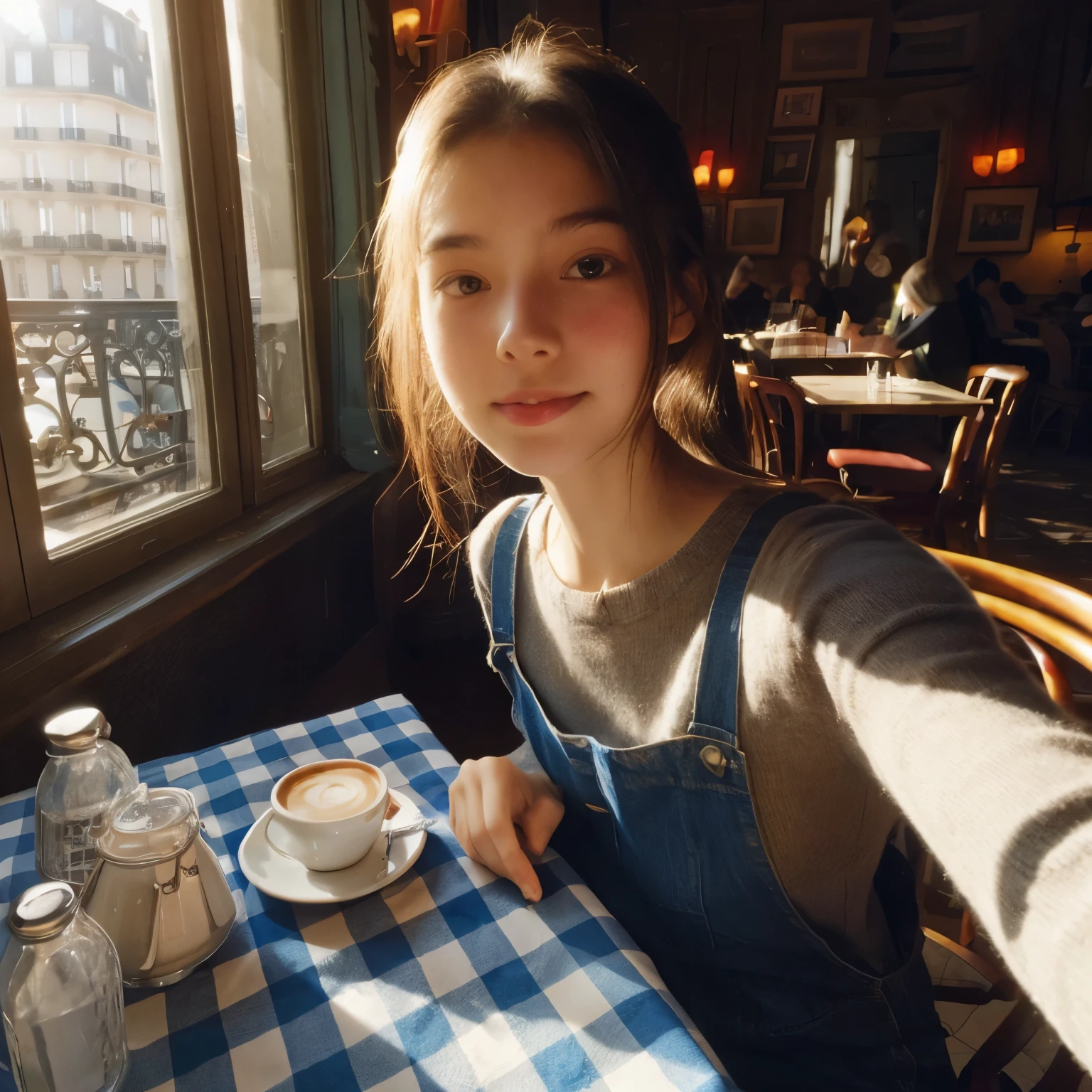 Mood photo for advertising, a  girl sitting inside a cafe, at a coffee table with blue-white-patched table cloth, Close-up selfie, in paris, morning sunshine from window, photorealistic, selfie 