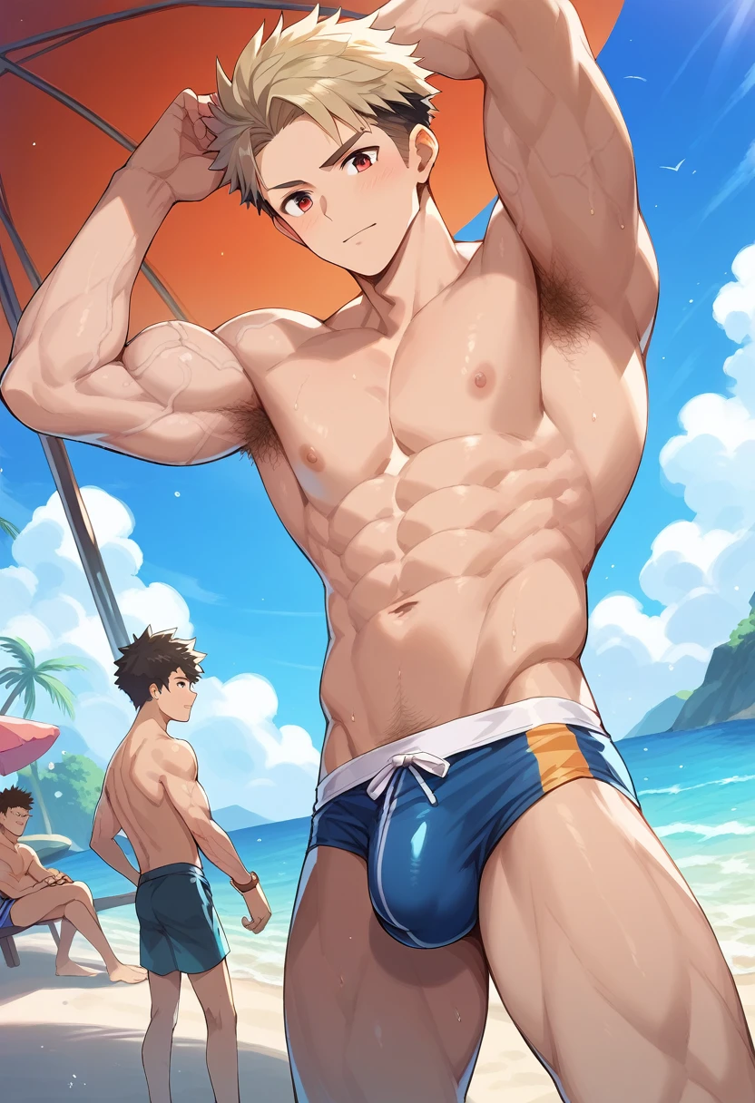 (score_9,score_8_up,score_7_up,score_6_up,score_5_up,score_4_up), best quality, best lighting, high-definition background, in FGO style, 1 boy is 18 yo, brown hair, red eyes, muscled, , ((veiny arms)), speedo, (huge bulge), , beach, public hair, armpit hair