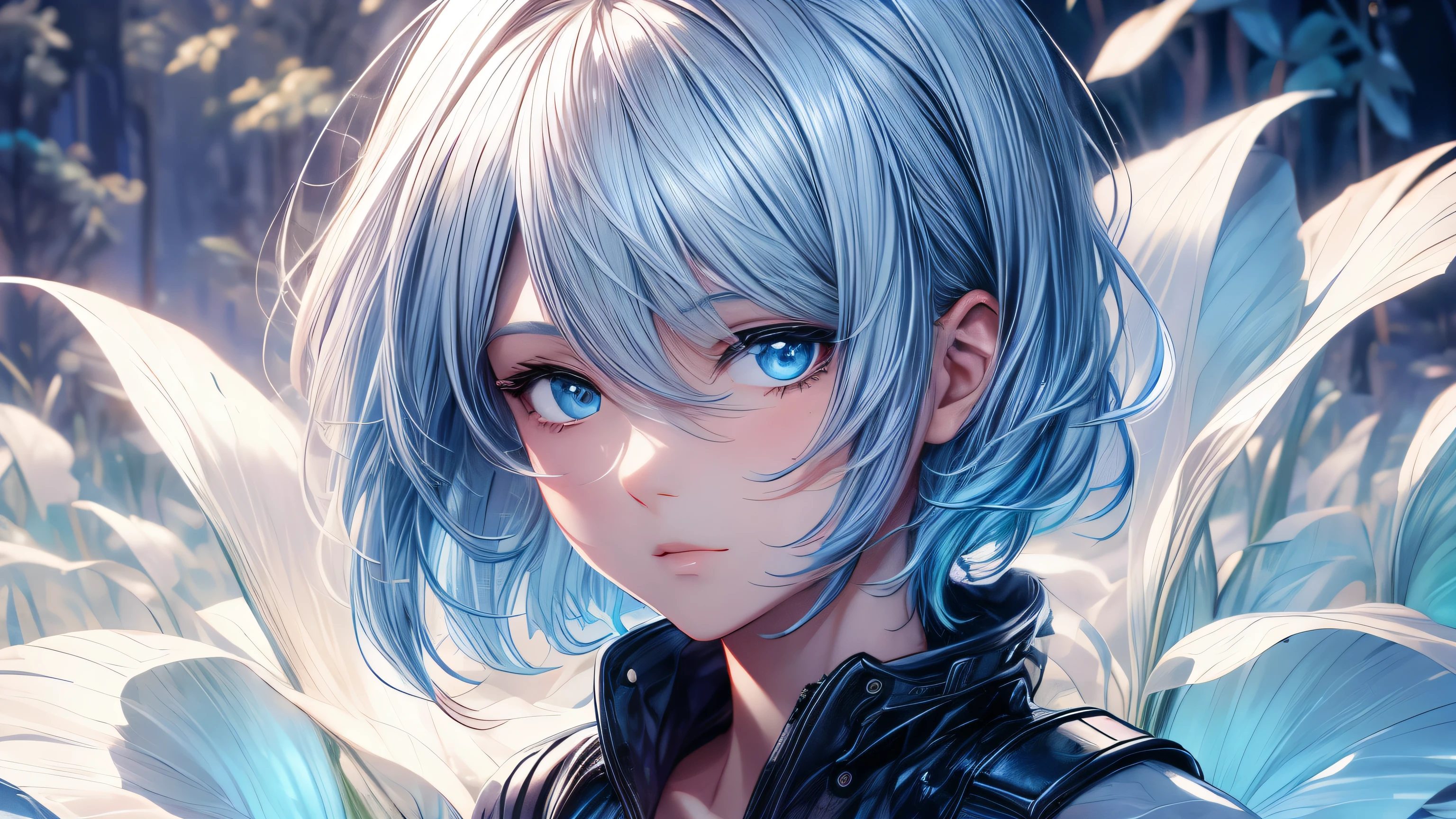 high quality,1 girl，short hair, Super detailed CG illustration of a young man with a calm expression, Stare into the distance，His striking light blue hair blew gently in the desert breeze. The landscape behind him is vast and stunning, Taking viewers into a world of wonder and discovery.More ideas