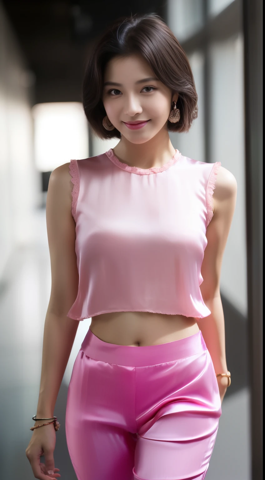 8k, masterpiece, RAW photo, best quality, photorealistic, extremely detailed CG unity 8k wallpaper, Depth of field, Cinematic Light, Lens Flare, Ray tracing, (extremely beautiful face, beautiful lips, beautiful eyes), intricate detail face, ((ultra detailed skin)) 1girl, in the dark, deep shadow, pretty korean girl, kpop idol, 1 girl, (very slim slender fit-muscled body:1.3), ((looking at viewer)),(big smile:1.3), (tight laced blouse), (hot pink color blouse), (sleeveless) , (fashion city night, dark night, (neon sign), (blurred background), fashion street night),(without people in the background:1.3), beautiful earrings, bracelets, necklace, pantyhose, clear eyes, (pale skin), (big eyes), face forward, ((upper body shot)), ((silk hot pink color pants:1.3)),(brown hairs),((tight fitting silk pants)), (looking at viewer:1.3) open breast, very slim, medium breasts, see through, transparent pants, pony tail, updo hair, ((camel toe))