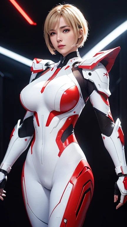 A woman beautiful breasts stands confidently in the center of a futuristic setting, wearing a white and red form-fitting, shiny hard ceramic body armored suit with intricate details. short blonde hair and she poses with one hand on her hip, luminous glow a soft lighting, The background features a high-tech environment with illuminated panels and mechanical structures, creating a sci-fi atmosphere.