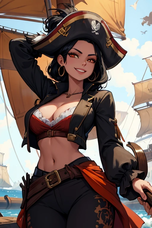 black haired woman with orange eyes and a figure in a pirate outfit is walking back onto her pirate ship with a big smile