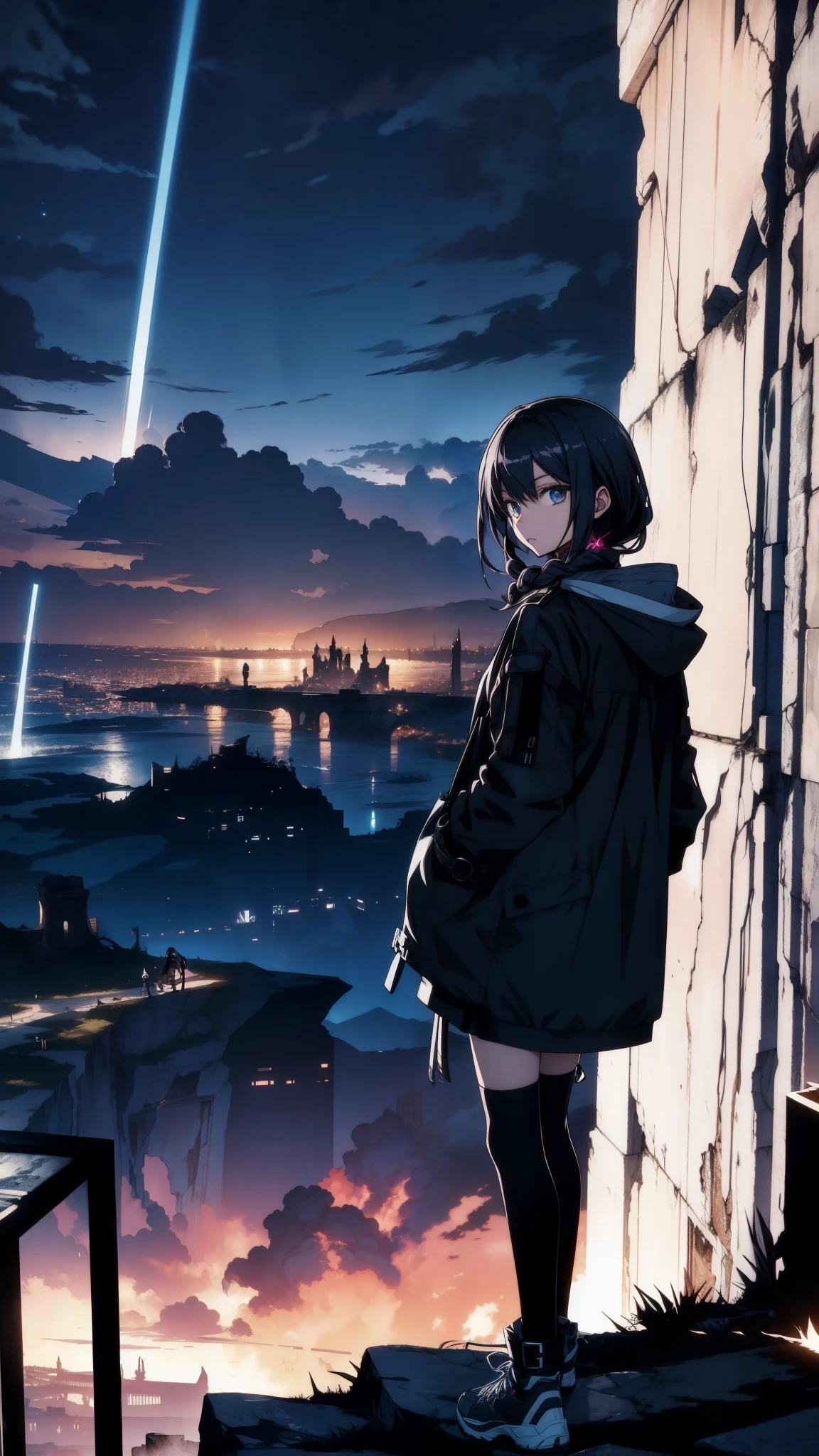 thin outlines, anime style, cool and edgy, A young girl standing at the edge of a cliff, overlooking a vast, mystical landscape filled with ancient ruins and futuristic structures, a mix of past and future, dramatic lighting, epic scale, internet-inspired textures, elements of randomness like digital glitches in the scene, fashionable, posing, colorful, confident, expression, accessory, coiled, around, stylish, striking, modern, fashion