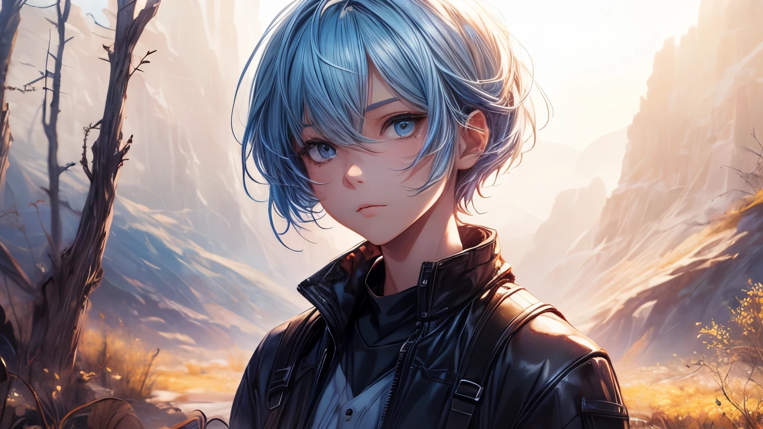 high quality,1 girl,short hair, Super detailed CG illustration of a young man with a calm expression, Stare into the distance,His striking light blue hair blew gently in the desert breeze. The landscape behind him is vast and stunning, Taking viewers into a world of wonder and discovery.More ideas
