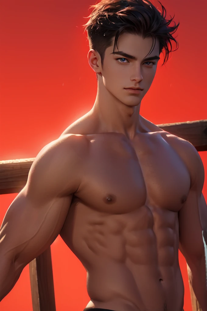1boy,red background,absurdres,masterpiece,highres,intricately detailed,a gay man,sexy,muscular,strutting outdoors,gorgeous eyes,detailed face,pouring rain,outdoors,global illumination,subsurface scattering,