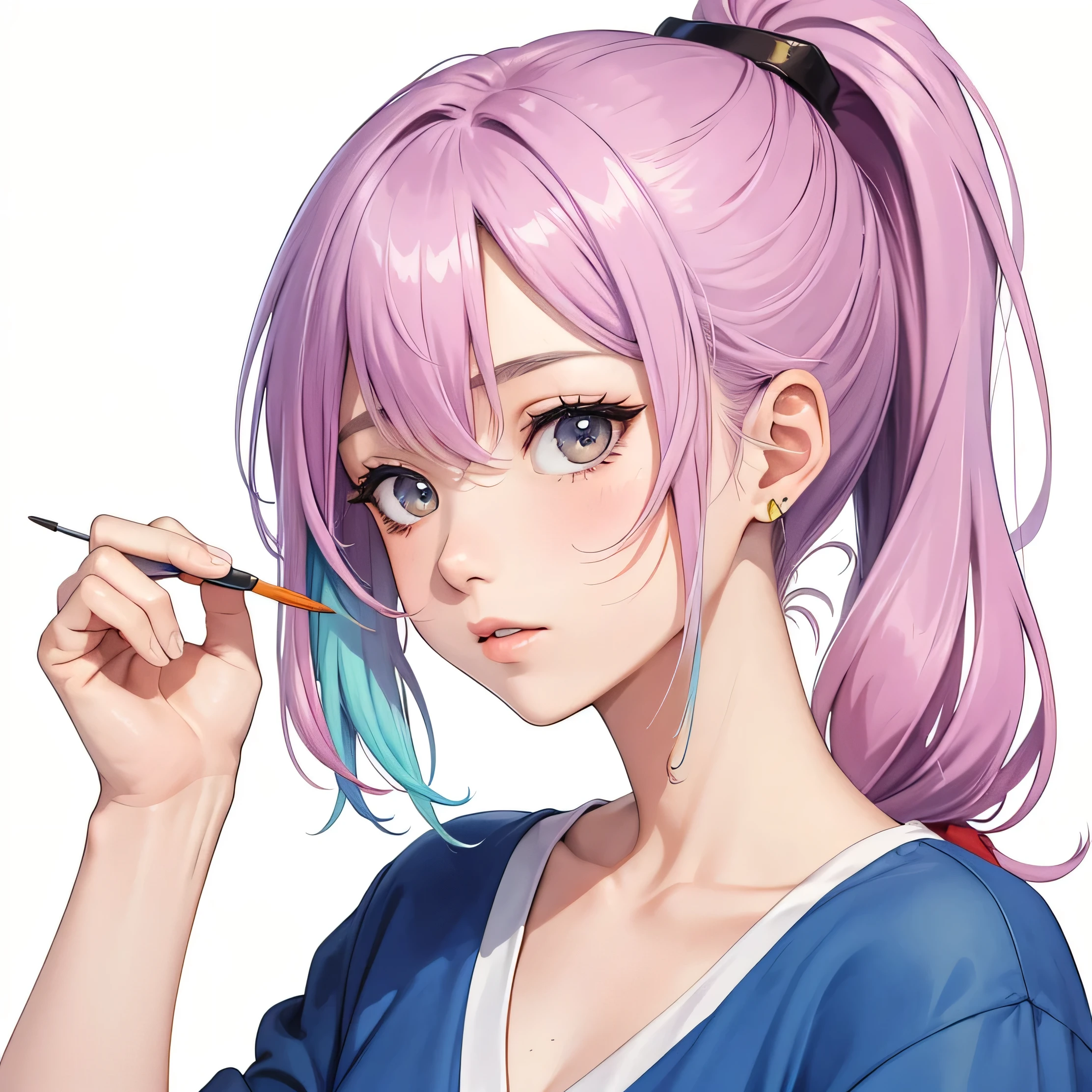 Upper Body、colorful、watercolor、hair、ponytail、I&#39;m 11 years old、Colorful hair、Soba、uniform、White tank top、Earrings、Big Breasts