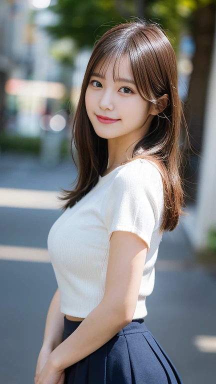 (highest quality,masterpiece:1.3,Ultra-high resolution,Surreal),(Photorealistic,Very detailed,Caustics,8K),(Very detailed,Realistic:1.4,RAW shooting),1 girl,JK,(Smiling and looking down at the camera),(Front shot:1.1),(Look forward),17 years old,Super cute,high school girl、(bright personality),Japanese,glamorous,(Big Boobs),(close),(Chest focus),street,sunlight,Natural light,(Backlight),(A bright light shines from behind),(Lens flare),Professional writing,uniform,(mini skirt),(Trendy Fashion),(Full Body Shot),(No makeup)