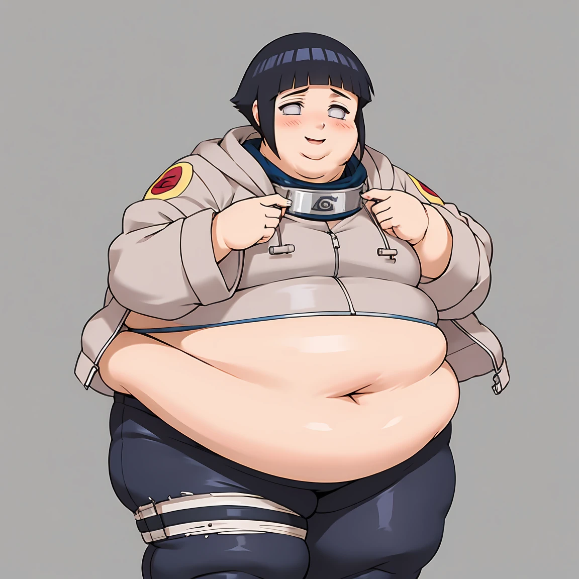 standing, shy, smile, blush, solo, 1girl,  SSBBW hyuuga hinata, very thick thighs, obese arms, obese belly, big cheeks, Slob body, black hair, short hair, white eyes, no pupils, small breats, black pants, jacket, konoha simbol, ultra detailed, masterpiece, best quality, aesthetic, detailed