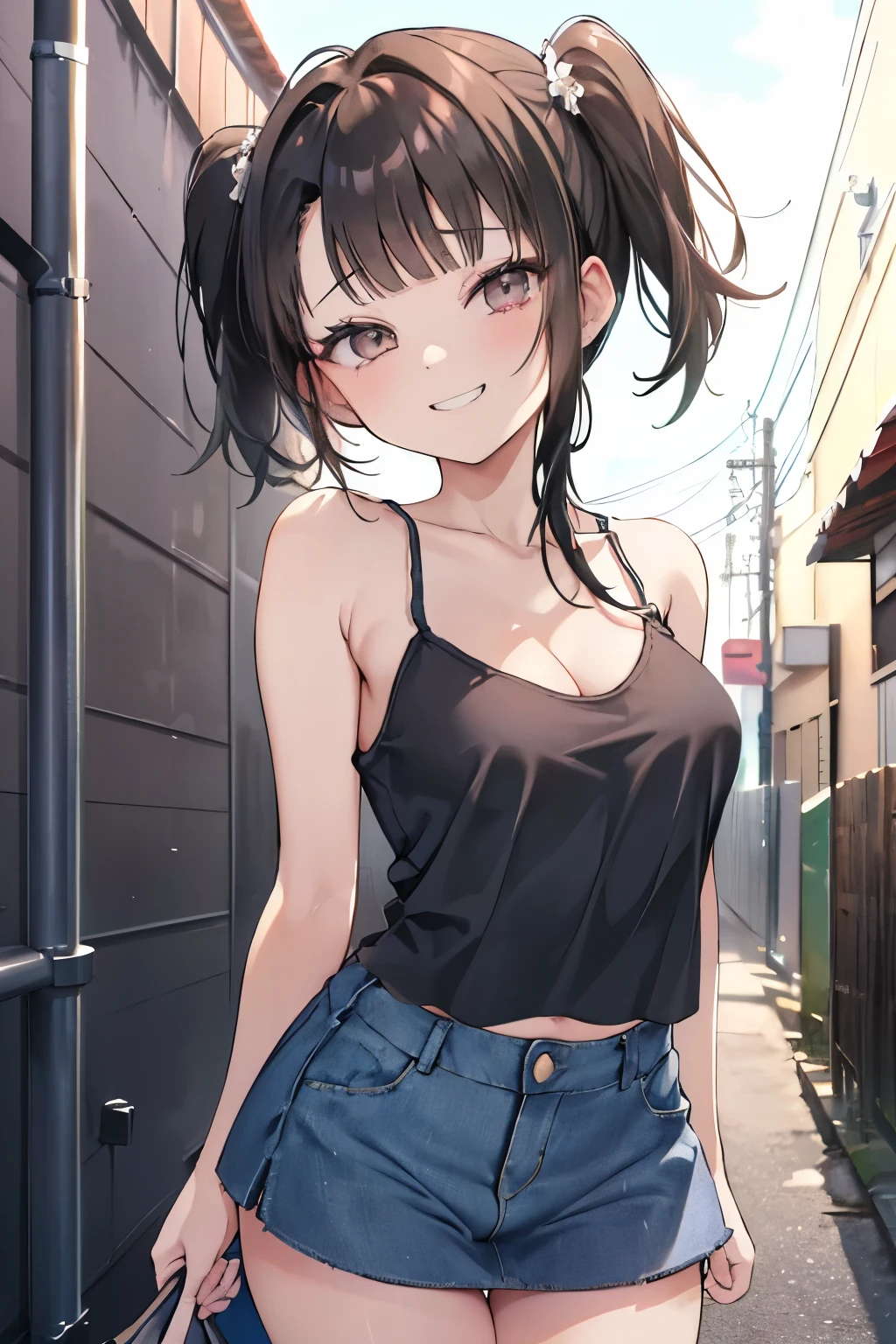 (8K、Highest quality、highest quality、masterpiece)、Detailed face、One girl、 Black Hair、short hair、twintails、blunt bangs、Grey Eyes、evil smile、((Grin))、Small breasts、((camisole))、((denim skirt))、Cowboy Shot、((bent over))、Back Alley Background、Very large breasts