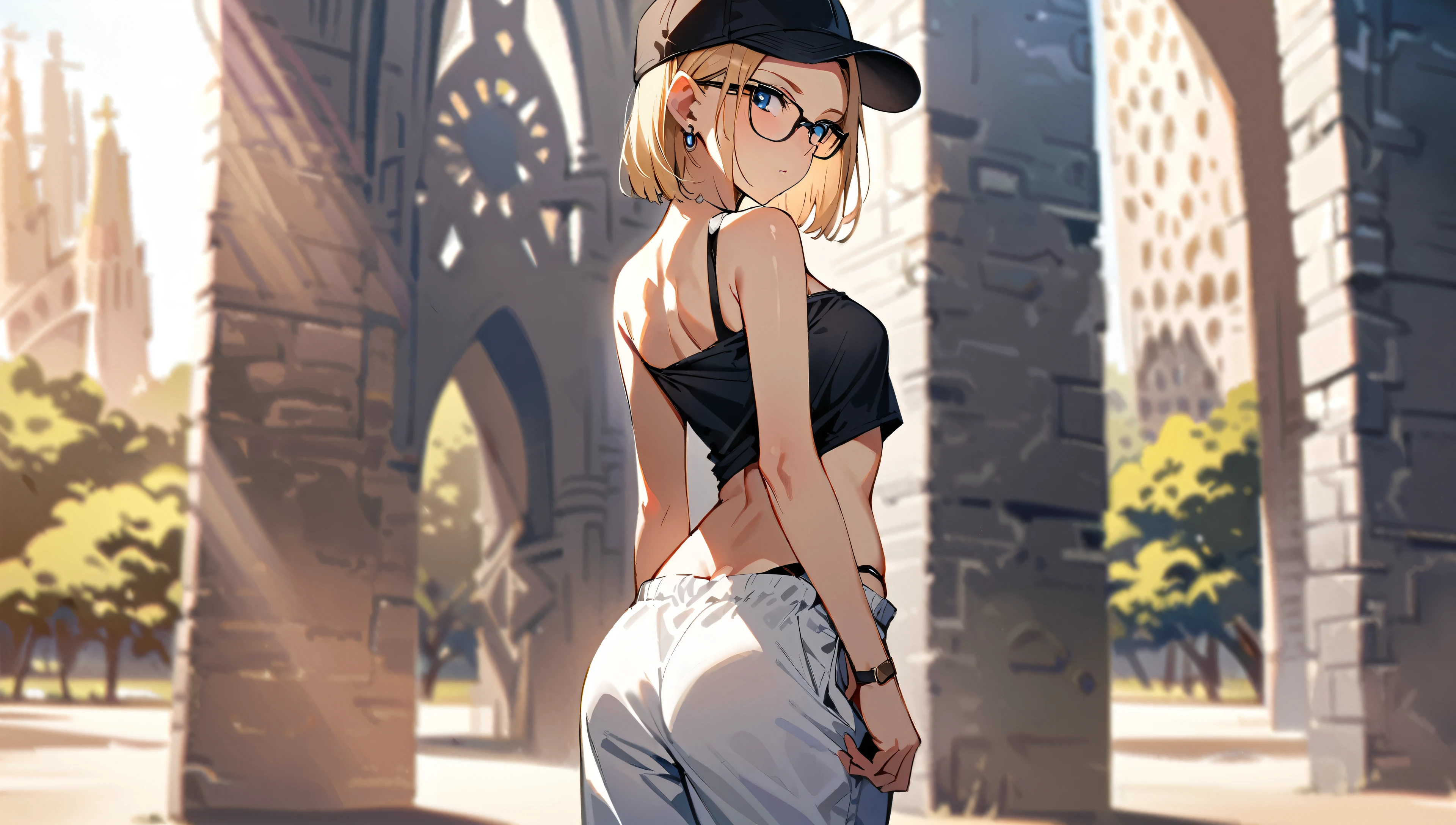 (masterpiece, best quality:1.2), solo, Android 18 from Dragon Ball, collarbone, cleavage, ((slip-on one-shoulder crop top)), (light gray top:1.2), no jacket, midriff-baring, navel, ((white baggy pants with one button undone)), skimpy thong swimsuit, small breasts, short blonde hair loose, ((blue eyes)), ((wearing glasses)), earrings on earlobes, slender feminine figure, narrow waistline, skinny body, (plane black cap), (cap without logo), beach sandals, sunlight, shot from behind, looking back, back view, light blush, arms behind back, Sagrada Familia, natural lighting and shadows, blur background, 4K