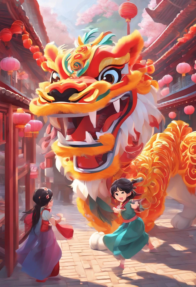 lion dance, depth of field,jubilant, festive atmosphere, excited, ribbon,cute chinese girl,9 year old girl,