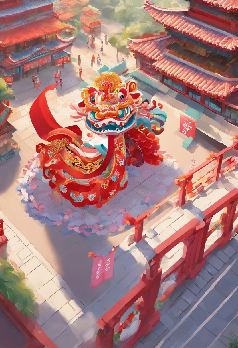 lion dance, depth of field,jubilant, festive atmosphere, excited, ribbon,cute chinese girl,9 year old girl,