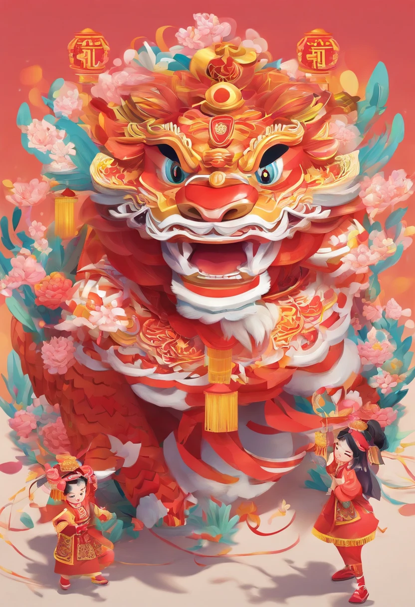 lion dance, depth of field,jubilant, festive atmosphere, excited, ribbon,cute chinese girl,9 year old girl,