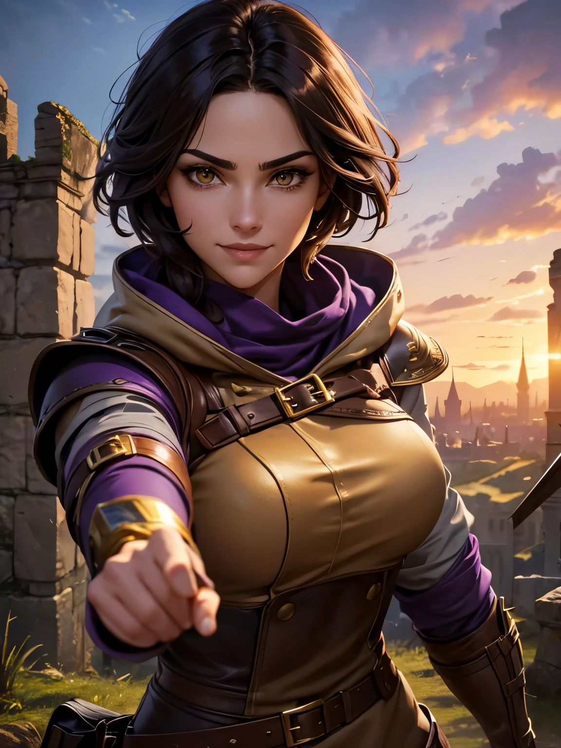 A female ranger wearing brown leathers with a purple hood, detailed gold eyes, ((gold eyes)) short black hair swept back, fantasy ranger, purple hood, intense dangerous expression and smile. Detailed hands. ((Detailed eyes. Detailed face)). Show her facing the camera, castle ruins background, full body shot. vibrant colors., high quality, high resolution, masterpiece, (High resolution), (high quality), (sharp focus), (best quality),