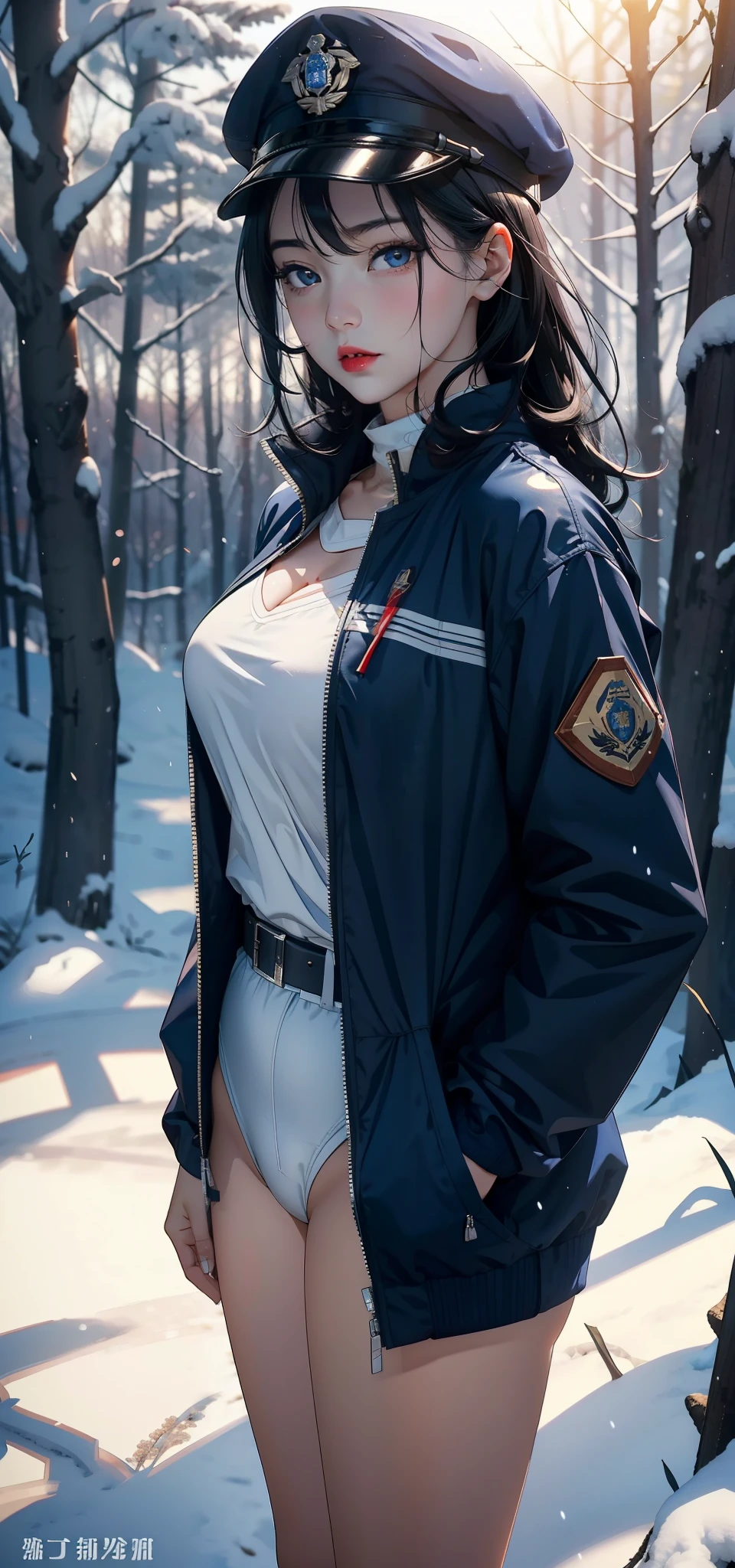 1 female，45 years old，，Royal sister，Slightly fat，Large Breasts（background：In the woods，forest，plum bossom，in the winter，snow） She has short black hair，，Straight Hair，red lips，Standing，Front view， oxygen， gloomy sky，（（（masterpiece），（Nity 8k wallpaper with rich CG details），Highest quality，Light，详细background，beautiful eyes，（Very delicate and beautiful），（Beautiful and detailed description of the eyes），在ltra Detailed，masterpiece，）），face camera，high resolution，在ltra Detailed），nude，Exposing genitals， Convex，Camel toe，性感Convex出，officer（wear：，Blue Jacket，White military cap，）