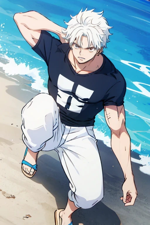 Hombre de cabello blanco, ojos azules, muscles dressed in light blue t-shirt, white pants and brown flip flops, hombre de tez blanca y con una espada negra a su costado
