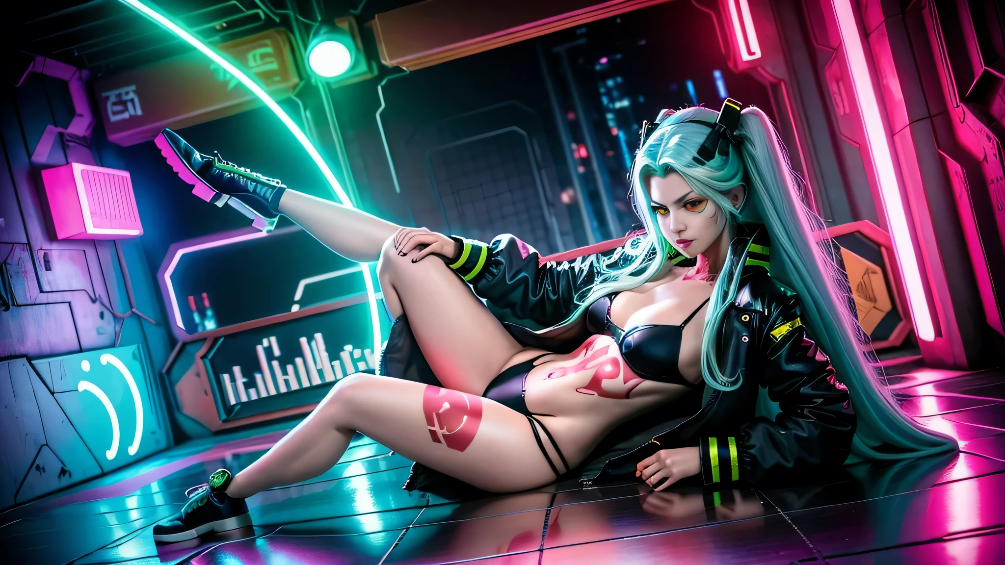Rebeca_em_ciberpunk, realistic, photorealistic, best quality, good anatomy, cowboy shot, close up, aqua twemtails, Aqua Long Hair, mechanical eyes, ((red sclera)), ((Green students)), open jacket, black jacket, black bra, black panties, neck tattoo, belly tattoo, leg tattoo, bare legs, torso, outdoor, cyberpunk,neon trim, neon lights, streets, tall buildemgs,