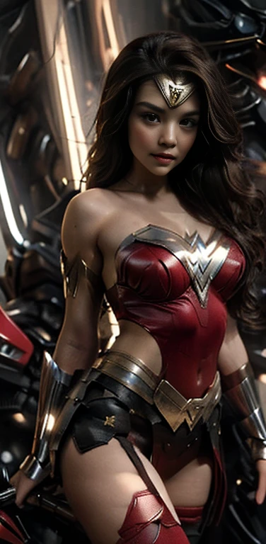 The character WonderWoman, perfect red costume, black hair, perfect curves, beautiful face, seductive girl...