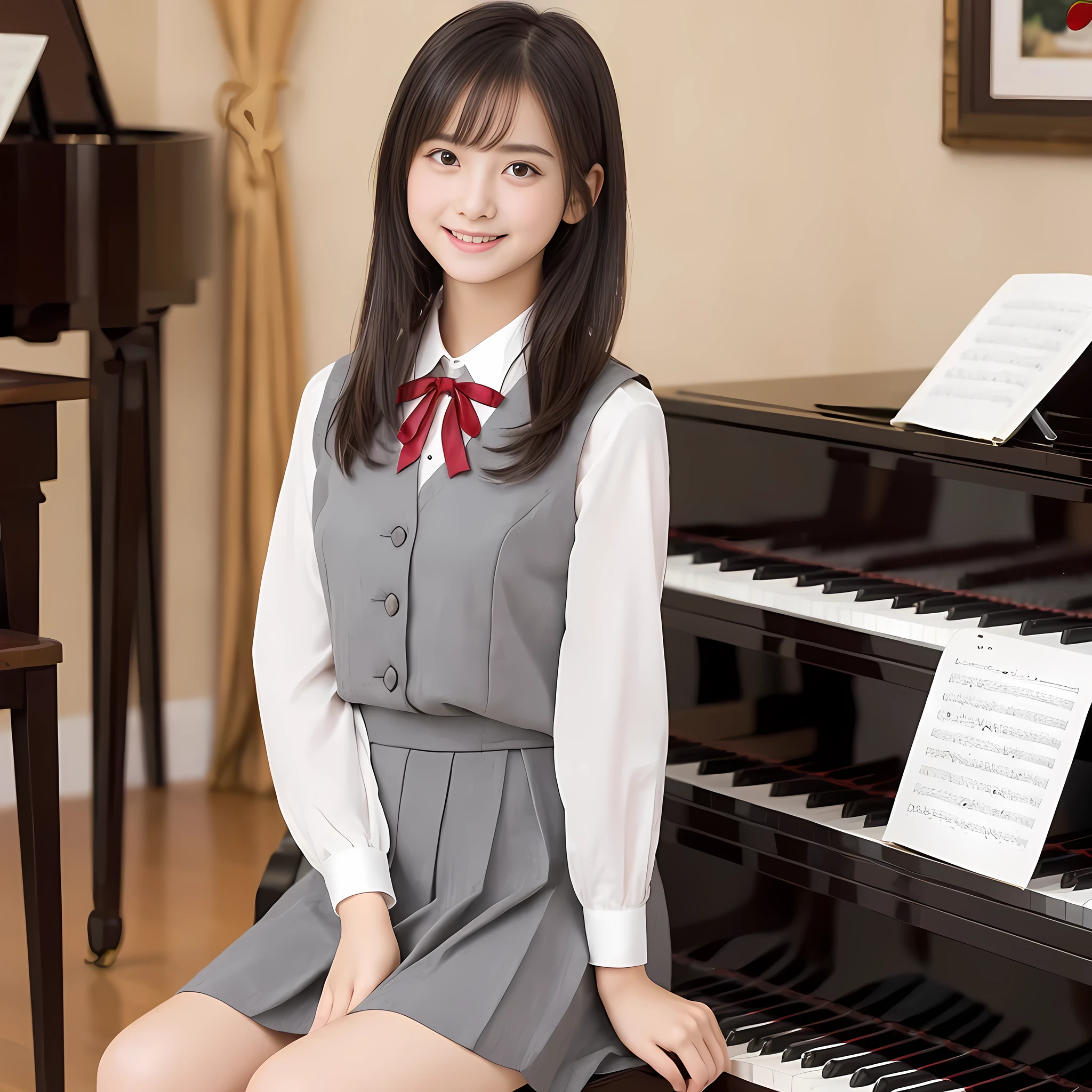 (highest quality, masterpiece:1.2), highest quality, Realistic, photograph, High resolution, 1080p, 8K, Physical Rendering, Height: 158cm, １４A year-old Japanese fashion model is sitting in a music room and smiling with a cute and elegant smile, Even bangs, Double, Feeling embarrassed, Dark red ribbon bow tie, Beautiful, shiny, long black hair, Grey knee-length box pleated skirt, Grey vest, A neat ivory blouse, School music room with piano, Thick calves, Tight waist