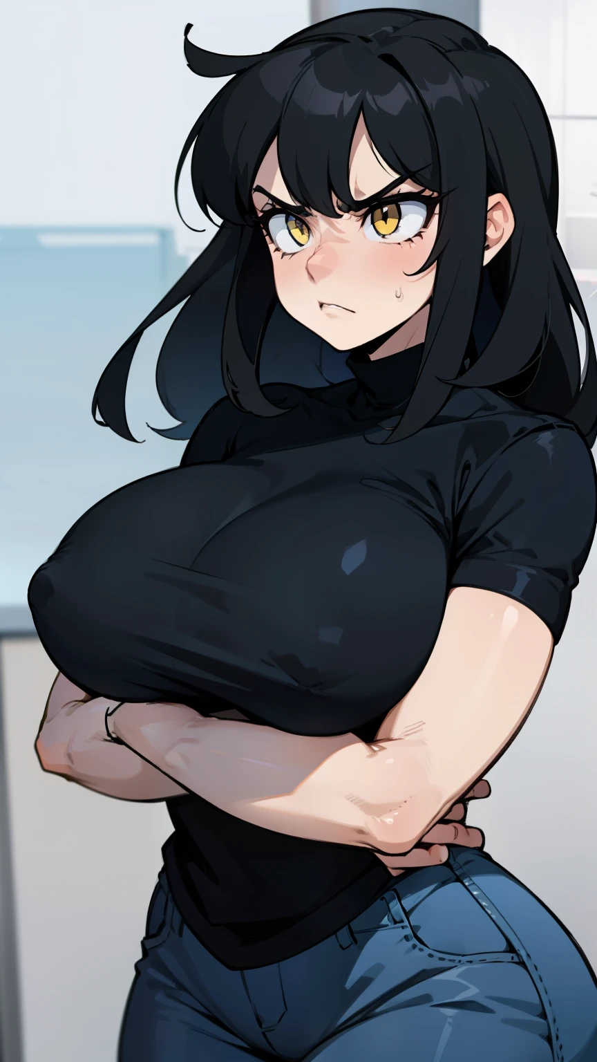 muscular girl  pale skin black hair long hair yellow eyes disdain annoyed disgusted disappointed