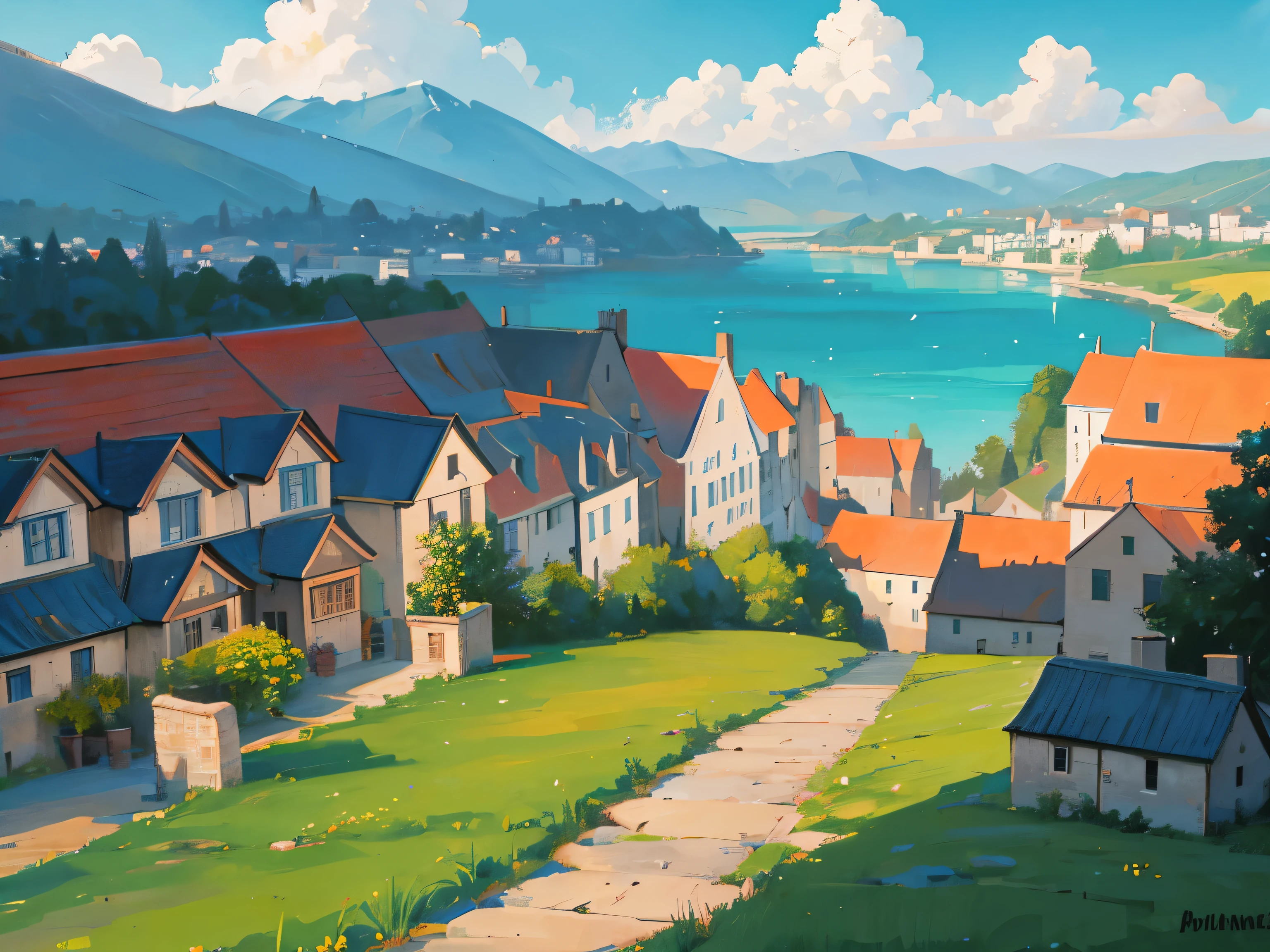 Medieval, city, with a river, day, grasslands, castle, houses in the city