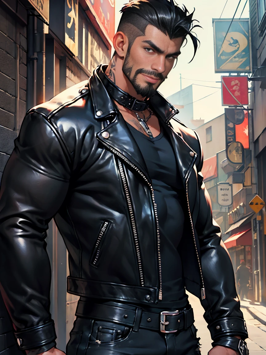 Man Biker, muscular, big chest, veins popping out, black hair shaved on the sides, handsome face, goatee, sexy and mischievous expression. He is wearing a leather jacket, black combat boots, ripped blue jeans, a black leather jacket with no shirt underneath. He is standing next to a black Harley Davidson motorcycle.