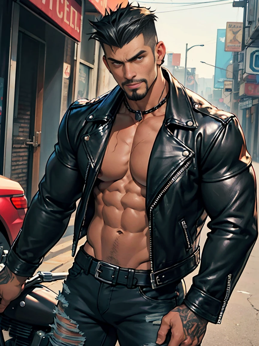 Man Biker, muscular, big chest, veins popping out, black hair shaved on the sides, handsome face, goatee, sexy and mischievous expression. He is wearing a leather jacket, black combat boots, ripped blue jeans, a black leather jacket with no shirt underneath. He is standing next to a black Harley Davidson motorcycle.