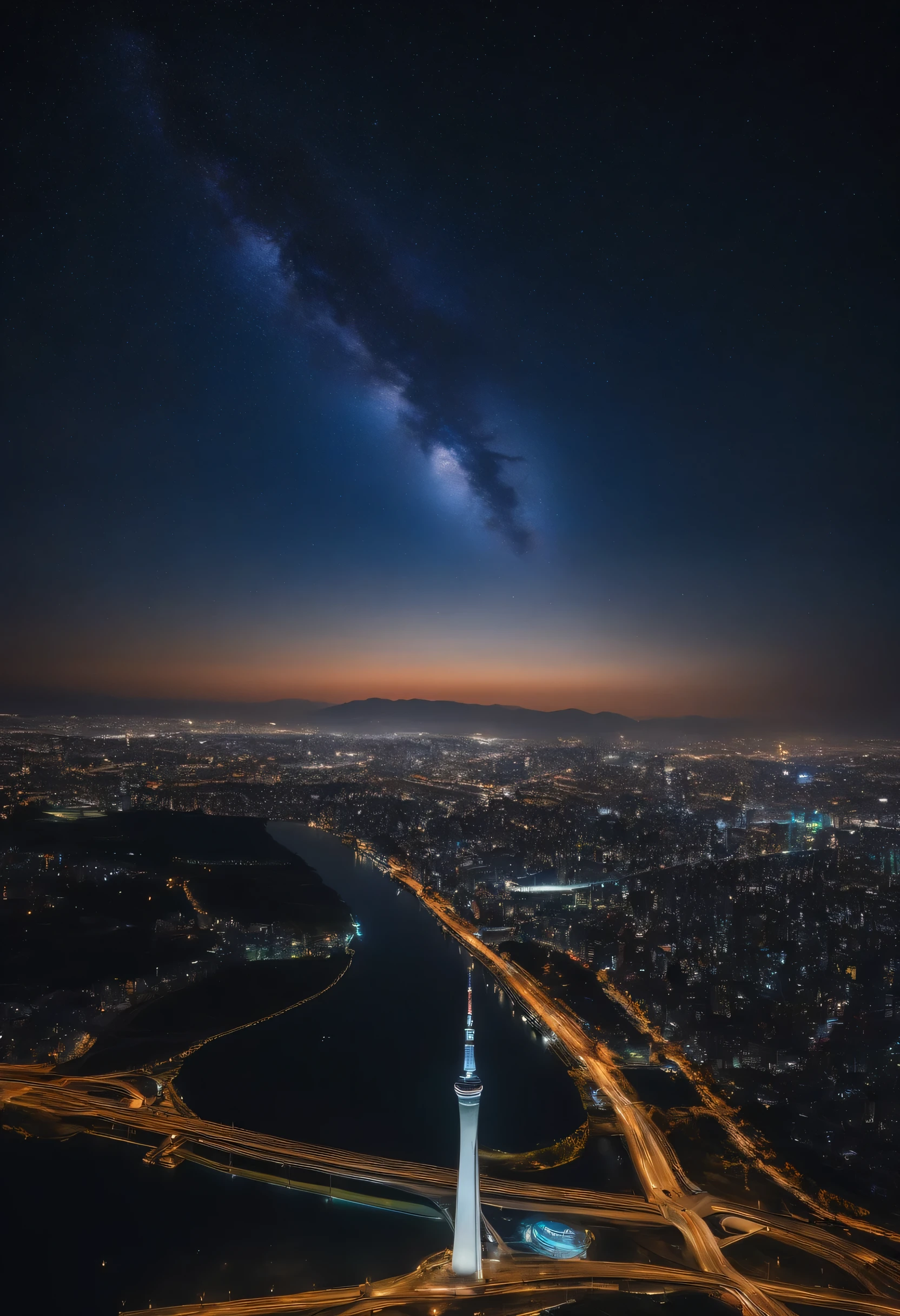 Giant crescent moon、high-level image quality、RAW、Standing at Tokyo Skytree、20-year-old woman、nighttime scene、Milky Way Galaxy、Andromeda Nebula、tokyo streets、Flowing Lines of Light、