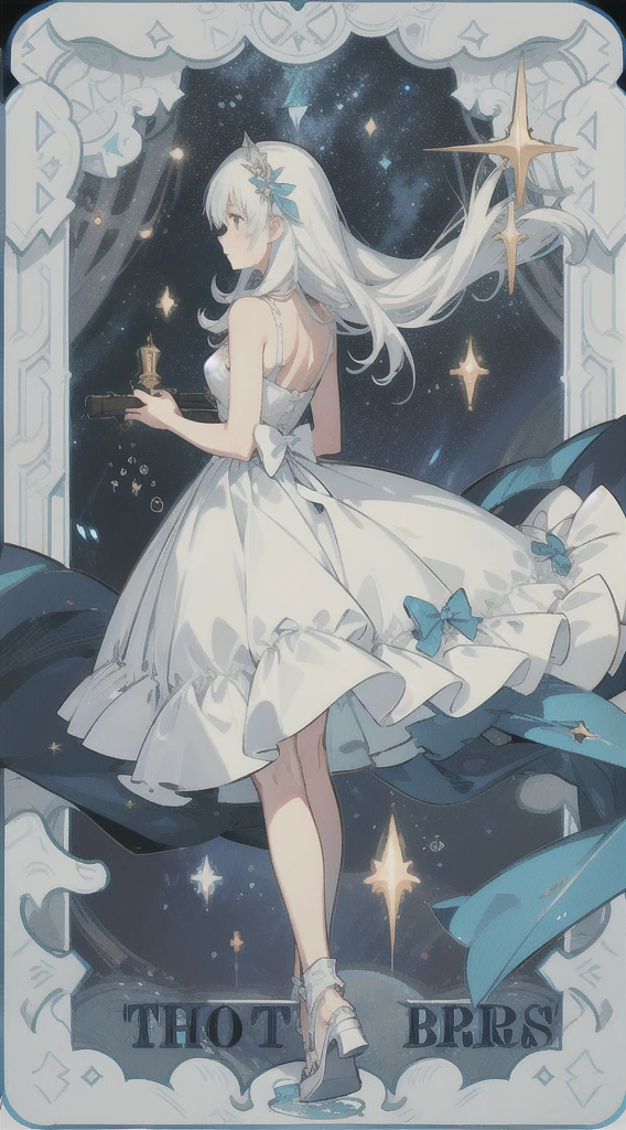 Under the starry sky, shooting stars, girl standing, back, small river reflecting the starry sky, girl long hair, white dress, hair flying, delicate, night, the character stands all over