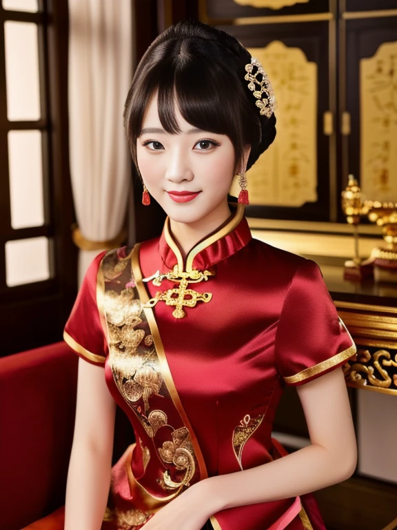 Female, 25 years old, chest circumference 36 inches.,Dressed in a black and gold dress, she sat down., Cheongsam, Chinese dress, Chinese style, Chinese dress, traditional chinese, with ancient Chinese clothes, traditional chinese clothing, black and red silk clothes, Wear a luxurious silk dress., Chinese woman, Tailoring a suit according to tradition, Dark gold clothing, Chinese girl, traditional outfit, wearing a red Cheongsam ภาพ 3D, 8k, High Definition Anime