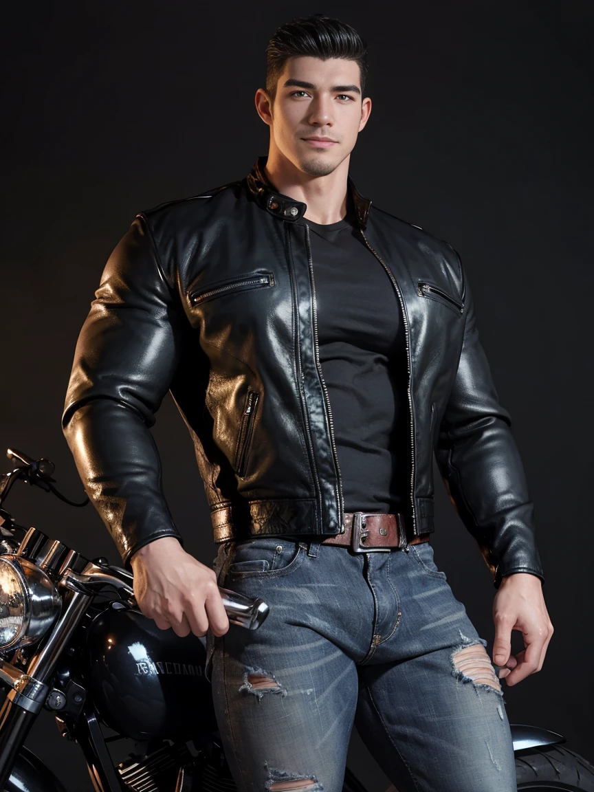 Man Biker, muscular, big chest, veins popping out, black hair shaved on the sides, handsome face, goatee, sexy and mischievous expression. He is wearing a leather jacket, black combat boots, ripped blue jeans, a black leather jacket with no shirt underneath. He is standing next to a black Harley Davidson motorcycle.