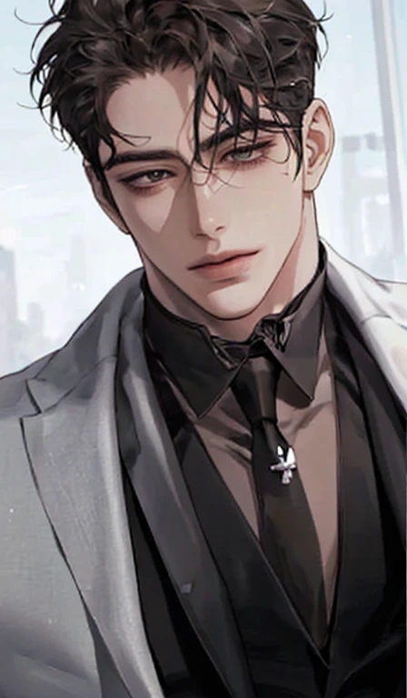 1man, portrait, beautiful handsome, solo, lips, male focus, random colour, looking at viewer, short hair, gentle expression, suit.