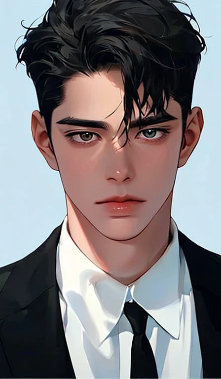 1 man, portrait, Beautiful handsome, alone, lips, male focus, random color, looking at the viewer, short hair, gentle expression, suit,black hair