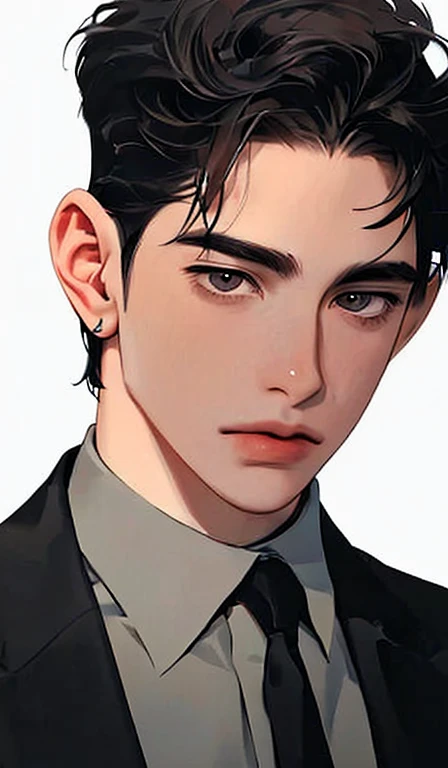 1 man, portrait, Beautiful handsome, alone, lips, male focus, random color, looking at the viewer, short hair, gentle expression, suit,black hair
