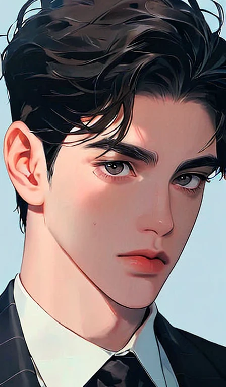 1 man, portrait, Beautiful handsome, alone, lips, male focus, random color, looking at the viewer, short hair, gentle expression, suit,black hair