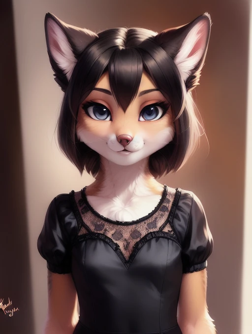 (score_9), beautiful and detailed, ((young anthro domistic dog)), anatomically correct, detailed flauschige fur, Hochgeladen E621, (von Fluff-Kevlar, Iskra, personalami, Pino Daeni), 1girl, beautiful prom dress, adorable, facing viewer, 1girl, realistic, (solo), masterpiece, realistic hair, black colour fur, perfect eyes, absurd resolution, snout, lip, young, (full body portrait 1:2), highres, detailed facial features, sharp focus, back against wall, first person view, 
