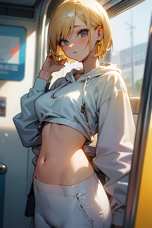 Beautiful woman、Belly button、White cotton sweatshirt、Parachute pants、flip out short hair、Earrings、Blonde、on the train、、slender
