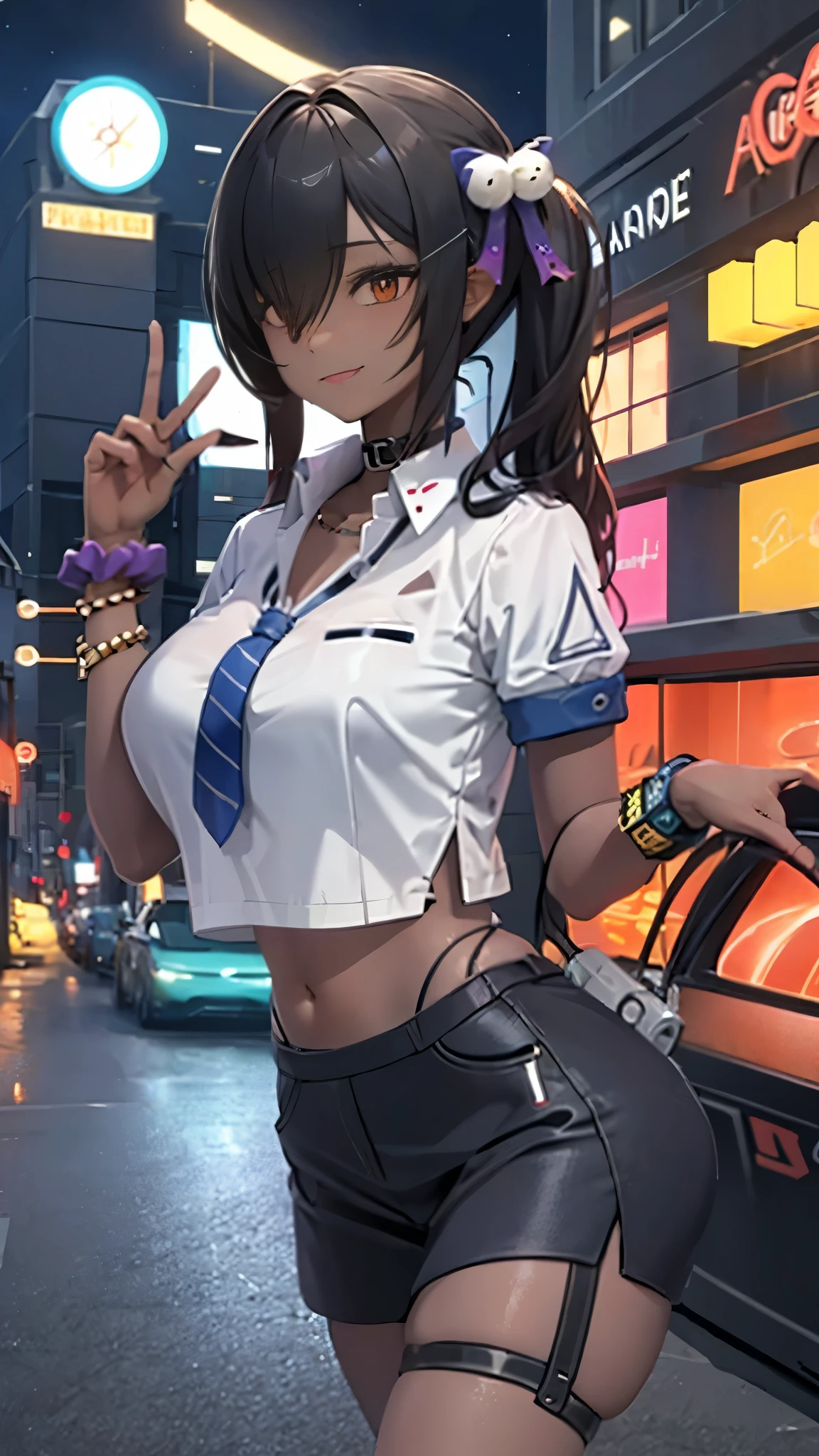 (Safety Sensor、approved、Can be viewed:1.8)、　masterpiece、High resolution、high quality、Oval Face、Vulgarity、(sound, Safety Sensor), Jero-tailed tit, Dark Skin, Woman with dark skin, Oily skin、Side Ponytail, hair ornaments, Hair Clip, White shirt, Super big boobs、Bra visible through clothes, Chest pocket, Black choker, Blue tie, Purple scrunchie, bracelet, Blue Skirt, Thigh straps, Simple Background, whole body, Detailed Background, Background Blur、alone,(night:1.5, Red Light District:1.5)、Ahegao Smile:1.5)、((Many words:1.5、Many heartfelt voices:1.5))、Double Peace、The beauty of the eight-headed、Mature adult woman、Emotional、Sexy standing pose、