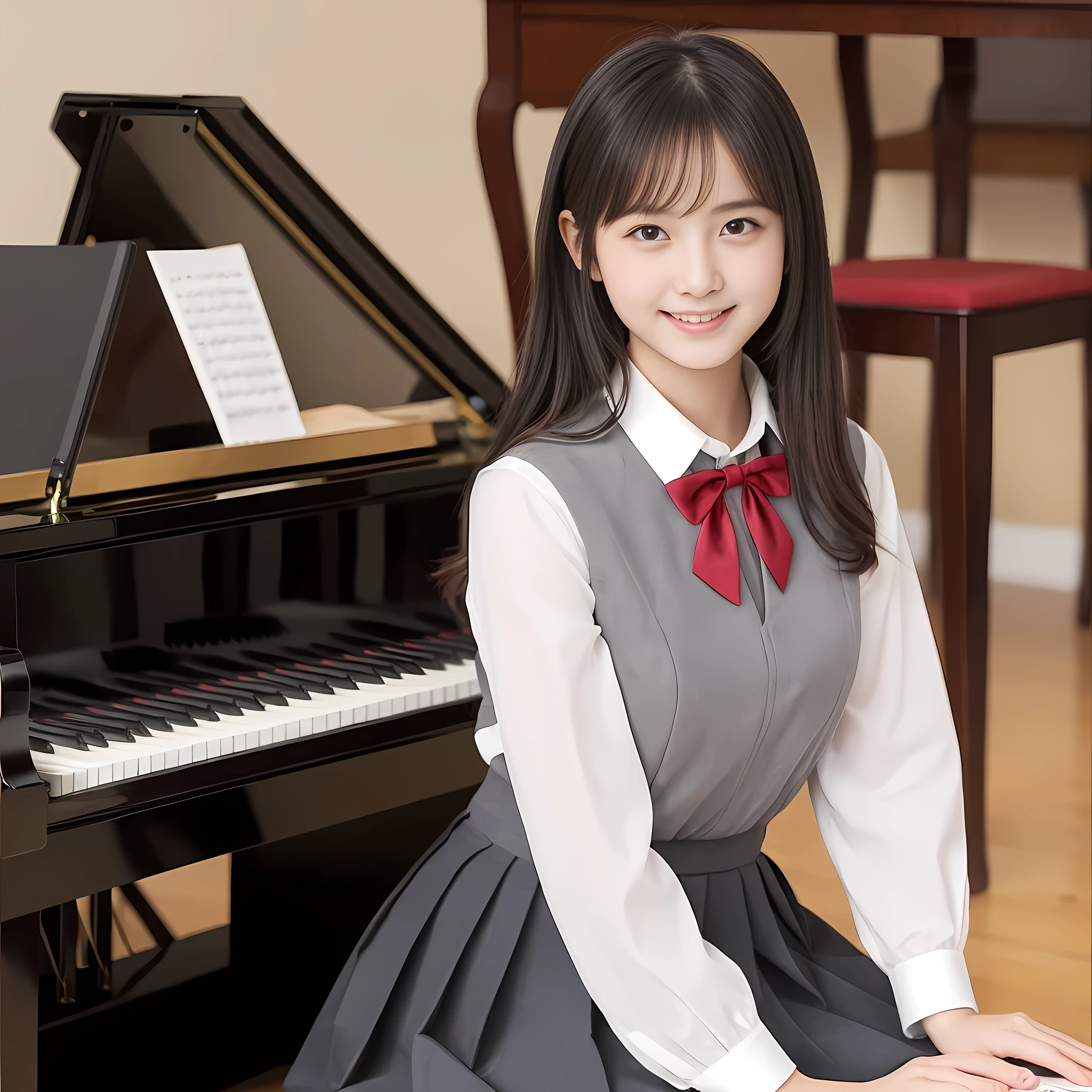 (highest quality, masterpiece:1.2), highest quality, Realistic, photograph, High resolution, 1080p, 8K, Physical Rendering, Height: 158cm, １４A succubus in the form of a 20-year-old Japanese fashion model is sitting in the music room and smiling with a cute and elegant smile., Even bangs, Double, Feeling embarrassed, Dark red ribbon bow tie, Beautiful, shiny, long black hair, Grey knee-length box pleated skirt, Grey vest, A neat ivory blouse, School music room with piano, Thick calves, Tight waist