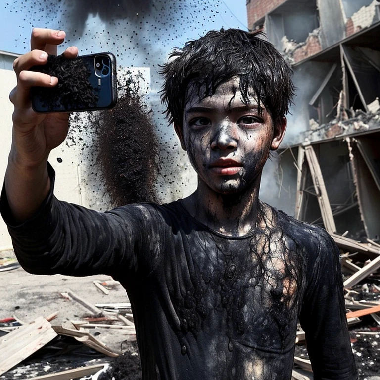 After TNT explosion、A boy takes a selfie while covered in soot and crumbling