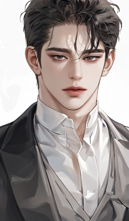 1man, portrait, beautiful handsome, solo, lips, male focus, random colour, looking at viewer, short hair, gentle expression, suit.