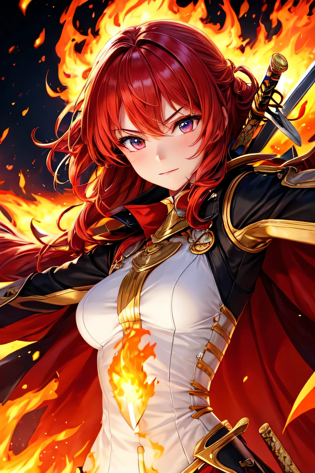 1girl, red hair, flaming eye, sword, holding sword, flames, burning houses, glowing, sidelighting, wallpaper