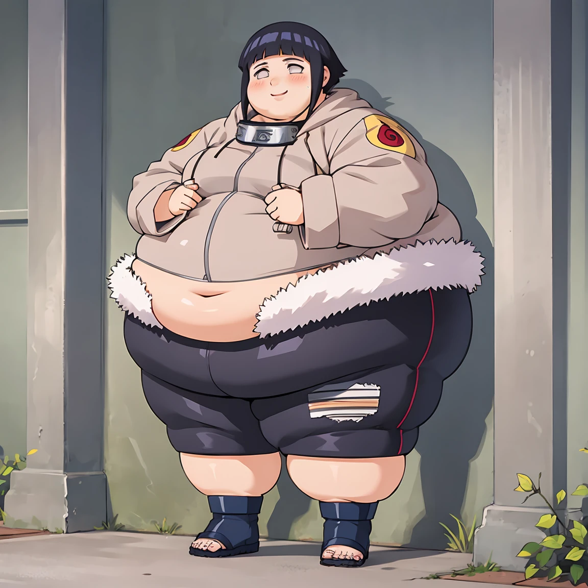 standing, shy, smile, blush, solo, 1girl, SSBBW hyuuga hinata,big cheeks,ssbbw,severely obese ,600lbs obese female, short hair, white eyes, no pupils, small breats, black pants,jacket with fur trim, konohagakure symbol, ultra detailed, masterpiece, best quality, aesthetic, detailed