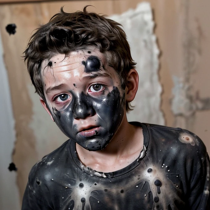 Close-up of a boy actor covered in soot after a TNT explosion during the filming of a comedy movie