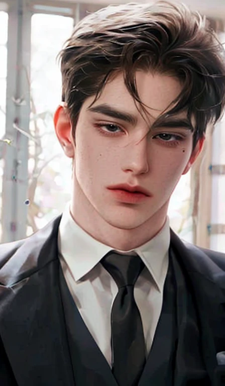 1man, portrait, beautiful handsome, solo, lips, male focus, random colour, looking at viewer, short hair, gentle expression, suit.