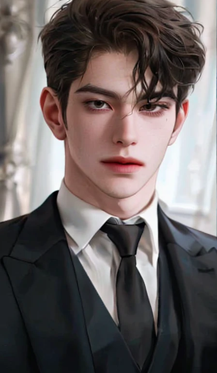 1man, portrait, beautiful handsome, solo, lips, male focus, random colour, looking at viewer, short hair, gentle expression, suit.