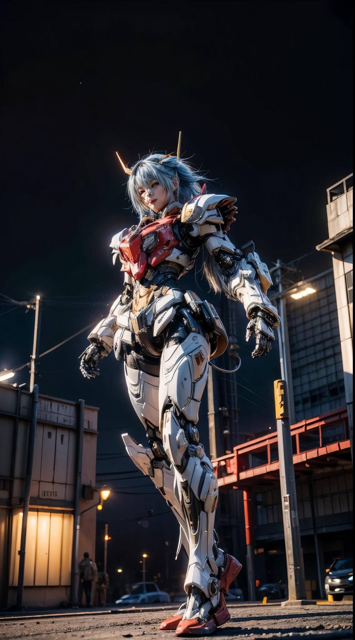 (top-quality:1.2, masterpiece), ultra high resolution, (Photorealsitic:1.4),, (bird-type mechanical heavy armor), (mechanical armor:1.3), light red base with silver and bronze accent, 1 Japanese female soldier, extremely realistic face, (blue hair), ((ultimately intricate all details)), (whole body picture), realistic shadow, octan render, 8K, ultrasharp, character edge light, Details of complex ornaments, Hydraulic cylinder, power cable, dystopia with a beautiful view at night,