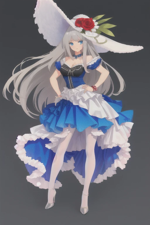 (((Best quality))),((Ultra-detailed)),((illustration)),((Disheveled hair)),((frilld)),(1 girl),(Solo),1girl,
blue eyes,
dress,
flower,
fur trim,
gradient,
gradient background,
grey background,
hand on hip,
hat,
hat flower,
high heels,
long hair,
pantyhose,
red flower,
red rose,
rose,
solo,
lexington \(warship girls r\),
legwear,
gray hair,