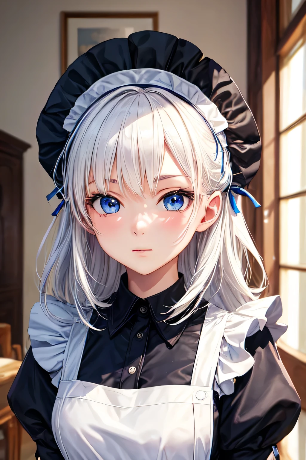 ((best quality)), ((masterpiece)), (detailed), white hair, blue eyes, maid uniform
