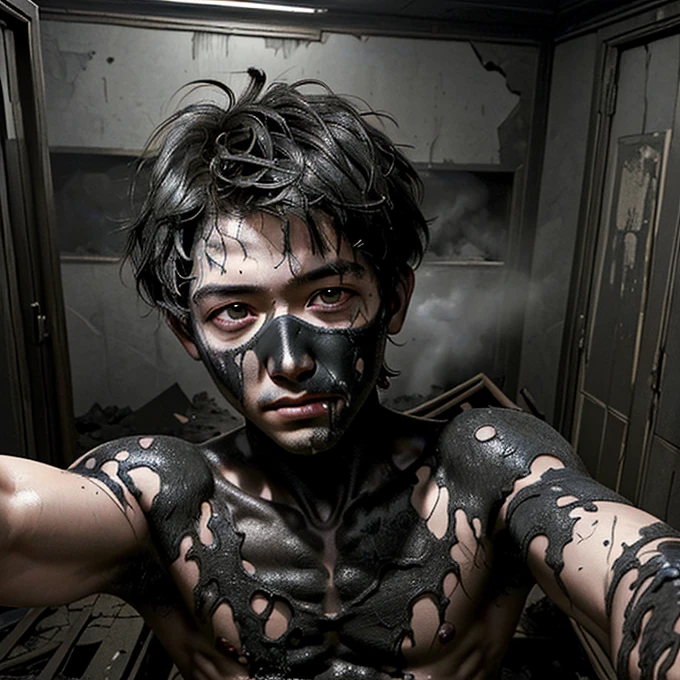After TNT explosion、A boy takes a selfie while covered in soot and crumbling